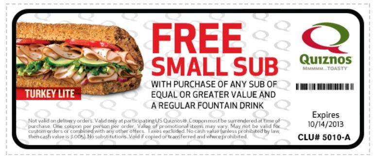Quiznos Coupons | FREE Small Sub with Sub & Drink Purchase!
