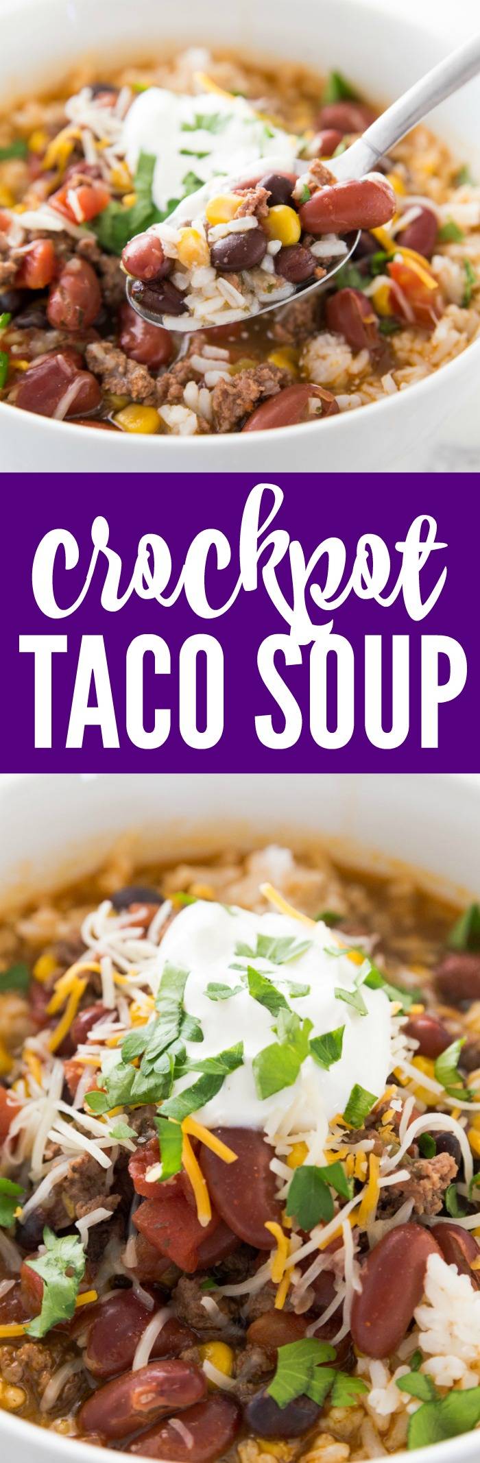 Easy Crockpot Taco Soup Recipe! This 7 Can Slow Cooker Dump Soup is an easy Weekly Dinner Plan idea or freezer meal for kids or a crowd everyone will LOVE! #tacosoup #slowcooker #crockpot #7cansoup #texmex #easysoup #groundbeef #wintersoup #Southwestflavor Easy Crockpot Taco Soup Recipe! This 7 Can Slow Cooker Dump Soup is an easy Weekly Dinner Plan idea or freezer meal for kids or a crowd everyone will LOVE!