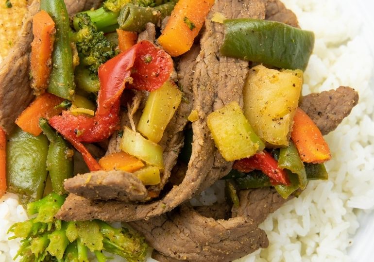 stir fry with rice on plate