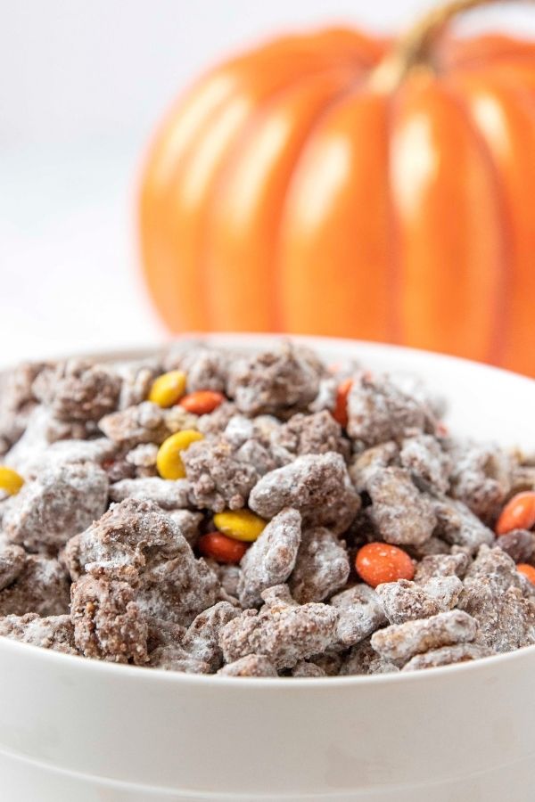 bowl of fall snack mix with a faux pumpkin behind it 
