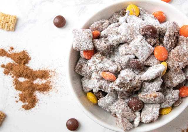 bowl of pumpkin fall snack mix