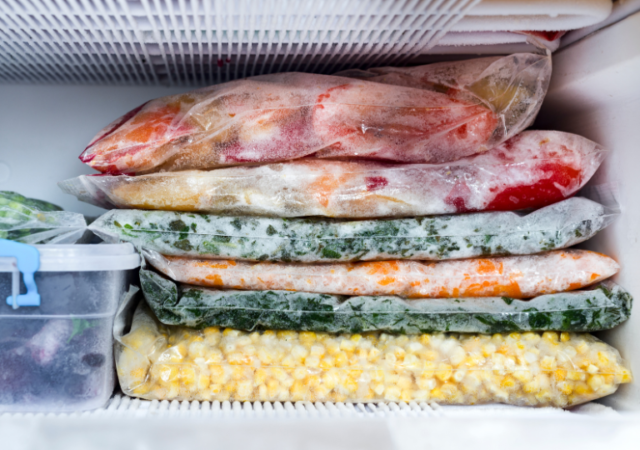 a week of freezer meals in under an hour stacked in a freezer