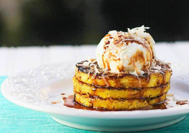 grilled pineapple a la mode on a serving platter