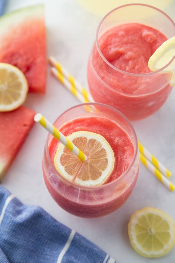 Frozen Watermelon Lemonade is so easy to make! I used a homemade lemonade but you are welcome to use store bought for these watermelon lemonade slushies. #watermelon #slush #slushies #lemonade #homemade #frozen #summerdrink #easy #partydrink watermelon lemonade