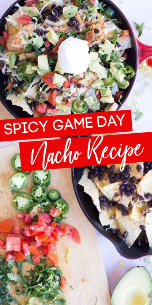 Wow your friends with this spicy game day nachos recipe. This nacho recipe is so easy to make, and loaded with all your favorite toppings. #nachos #skillet #appetizer #sausage #recipe #gameday #food #snacking #party #easy #loaded nacho recipe