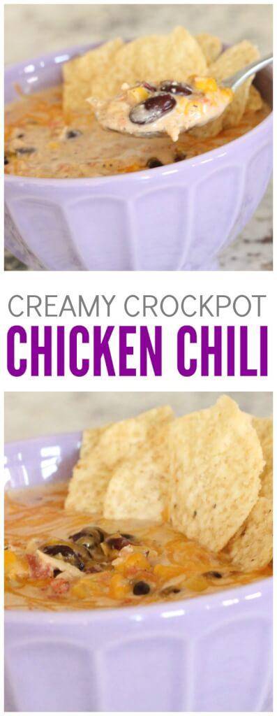 Creamy Crockpot Chicken Chili Recipe! An easy winter soup recipe that the whole family can enjoy! Kid friendly slow cooker dinner recipe!
