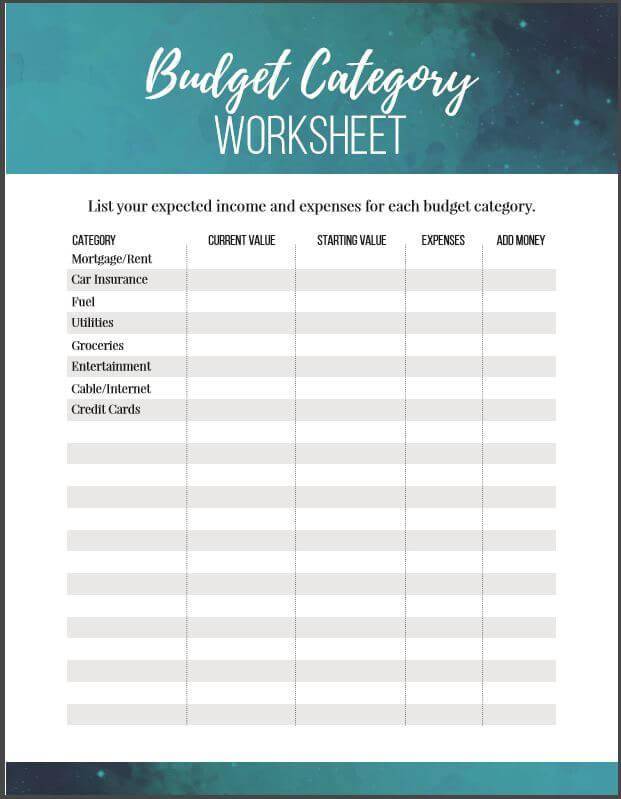 Budget Category Worksheet