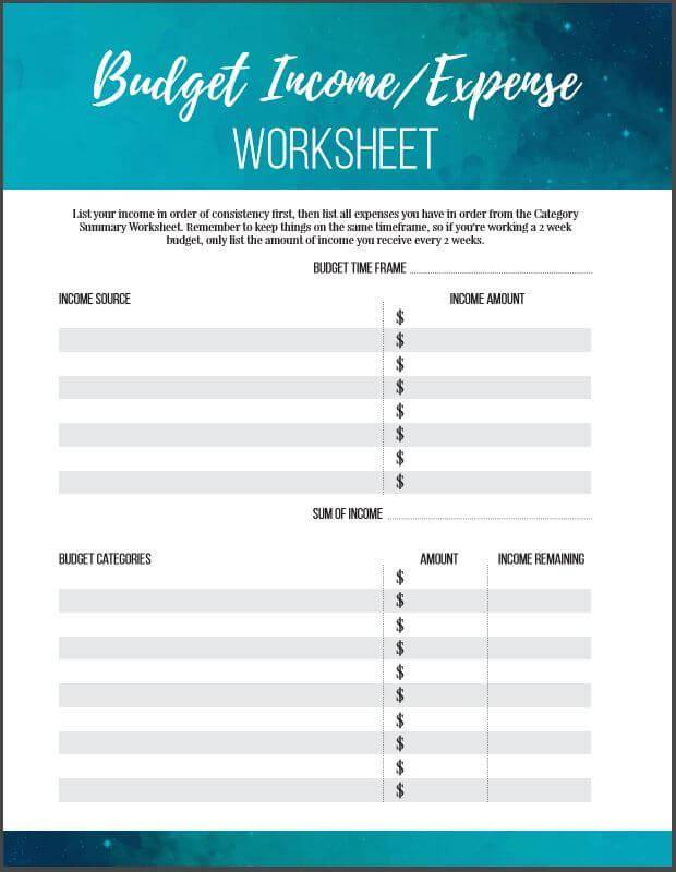 Budget Inome Expense Worksheet