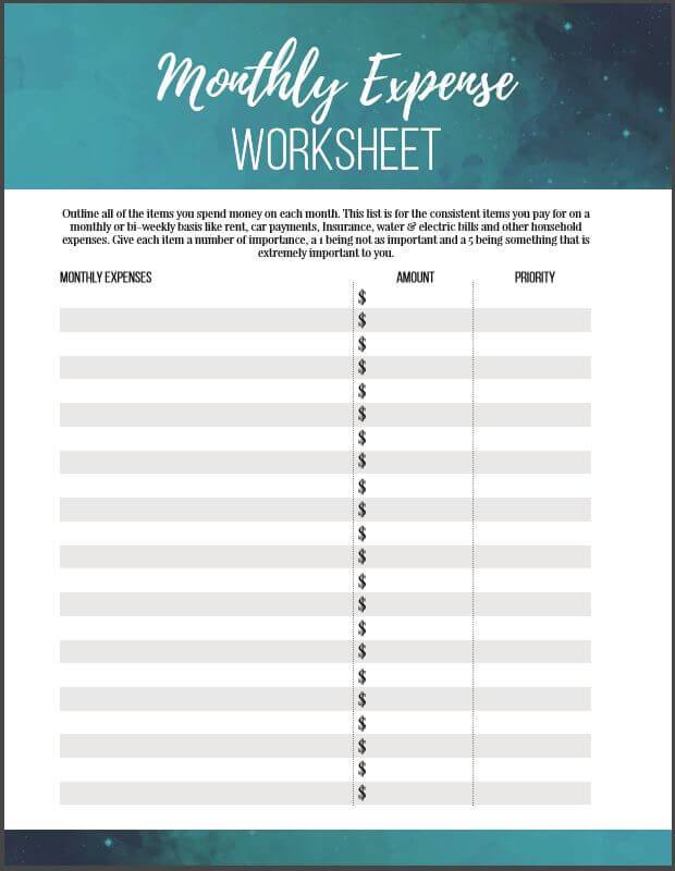 Monthly Expense Worksheet
