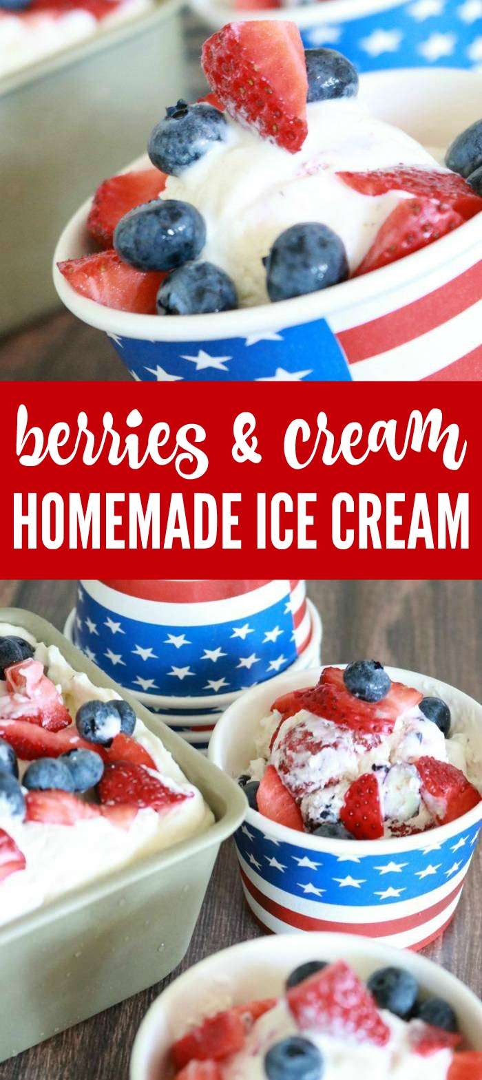 Easy Berries & Cream Ice Cream Recipe for Summer! This homemade fruit ice cream recipe is a kid-friendly family approved recipe for Memorial Day and 4th of July!