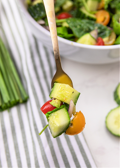cucumber tomato salad on a fork