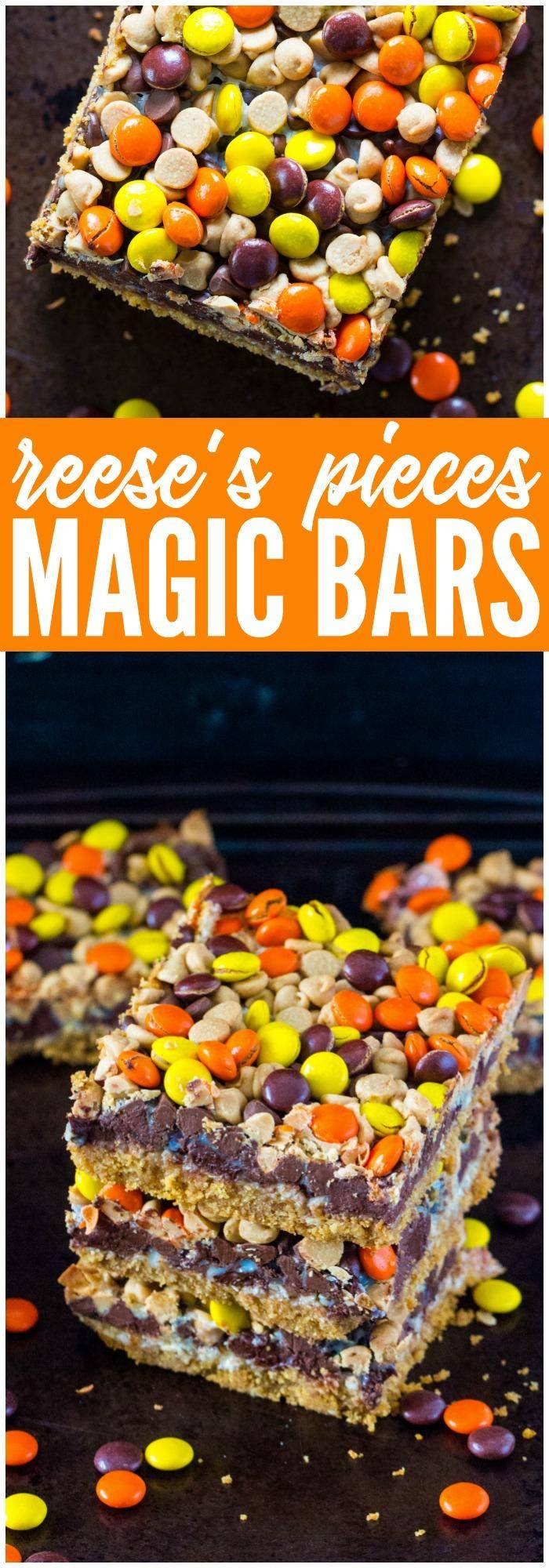 These Reese's Magic Cookie Bars are perfect for Kids Halloween or Thanksgiving Treats. Magic Cookie Bar Recipes make an easy dessert or a quick afternoon snack! 