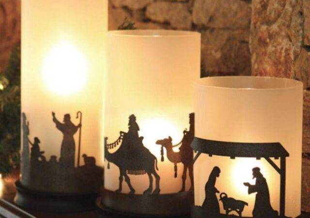 Nativity Hurricane Candle Holder Set - candles on mantle