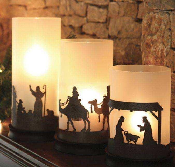Nativity Hurricane Candle Holder Set - candles on mantle