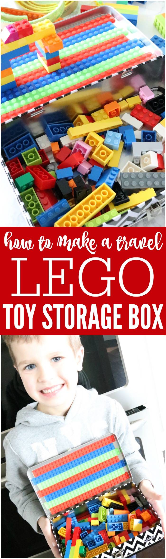 How to Make a Travel Lego Box for Kids! This Lego Tape is AMAZING and you can create a CUTE on-the-go lego storage box to carry in the car or take on vacations!