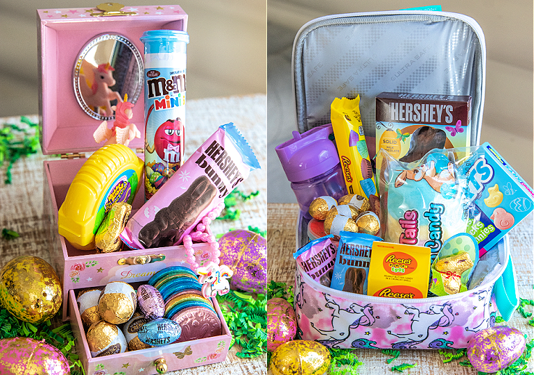 two easter basket ideas, a jewelry box easter basket and a lunch box easter basket, each filled with easter candies