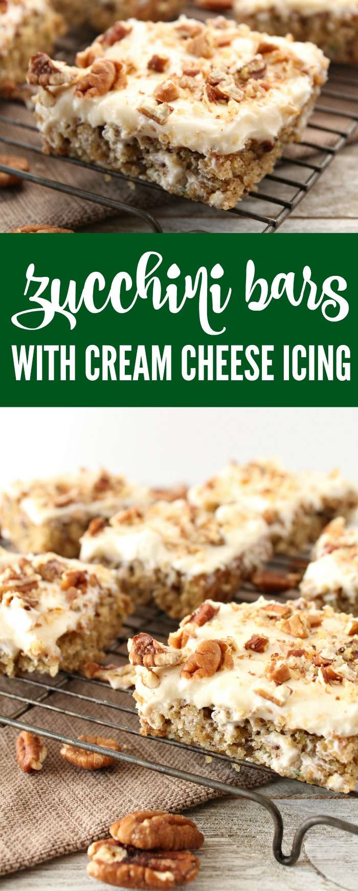 Homemade Zucchini Bars with Cream Cheese Icing! A family favorite dessert recipe for freshly grown zucchini squash from the garden and made with pecans!