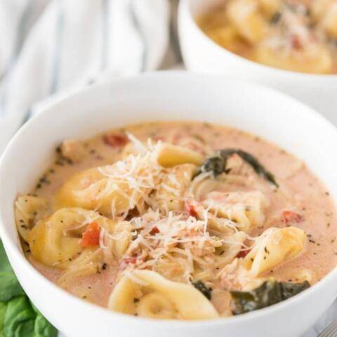 slow cooker tortellini soup in bowl