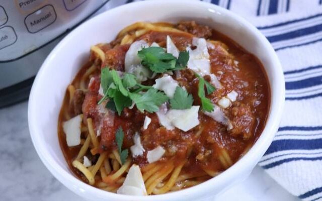 big bowl of spaghetti and meat sauce