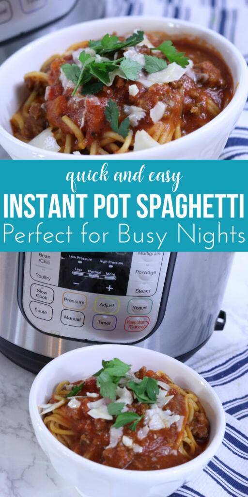A quick and easy Instant Pot Spaghetti recipe that is a must make for a busy night. Tender pasta smothered in a meat sauce. #instantPot #instapot #pasta #spaghetti #meatsauce #groundbeef #sauce #foracrowd #easy #best #recipes #6quart quick weeknight meals