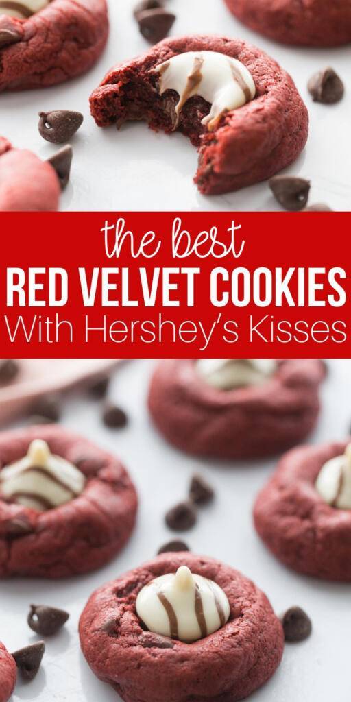 I have a love affair with anything red velvet, and this red velvet cookie recipe is a must make this Valentine's Day. It is topped with a Hugs Hershey's Kiss. #cookies #valentinesday #redvelvet #easy #recipe #best #withhersheykiss #gooey #tasty red velvet cake cookies