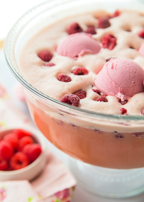 sparkling valentine punch with raspberries and sorbet