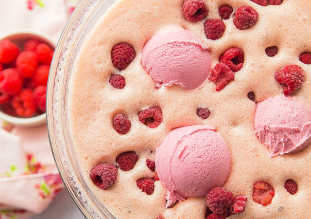 sparkling valentine punch in a clear punch bowl