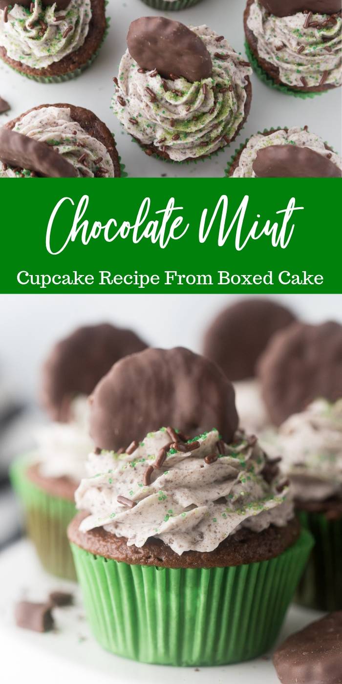 Chocolate mint cupcakes recipe is a tasty cupcake that should be made any time of year. Light chocolate cake topped with a homemade mint cookie frosting! #cupcakes #thinmint #grasshopper #mintcupcakes #boxcakemix #easy #mintfrosting chocolate cupcakes with mint buttercream frosting