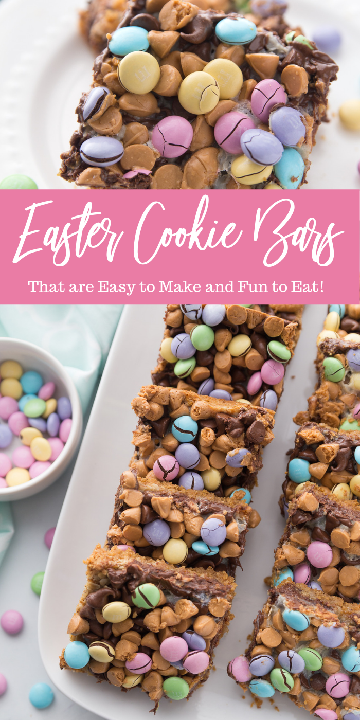 EASY M&M Easter Cookie Bars are the perfect dessert for Easter. Colorful, bright, and delicious down to the last crumbs. Make these cookie bars today. #cookiebar #Easter #dessert #easy #potluck #layeredbars #magicbars