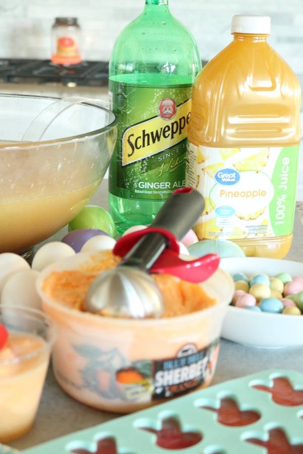 Serve this easy Easter Punch recipe for parties, events, and a treat for your family. Orange sherbert is the base, with fun bunny Jello molds. #punch #sherbert #gingerale #Easter #easy #cold #thebest Sherbert Punch Recipe