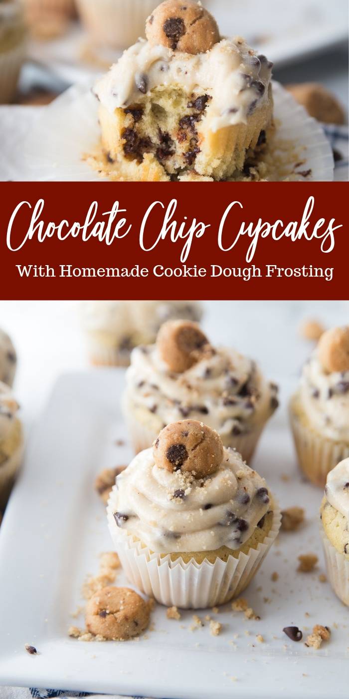 Chocolate chip cupcakes with a cookie dough frosting are going to blow your mind! Light, moist, and tasty homemade chocolate chip cupcakes. #ediblecookiedoughfrosting #cupcakes #easy #homemade #chocolatechip #vanilla #cookiedough chocolate chip cupcakes
