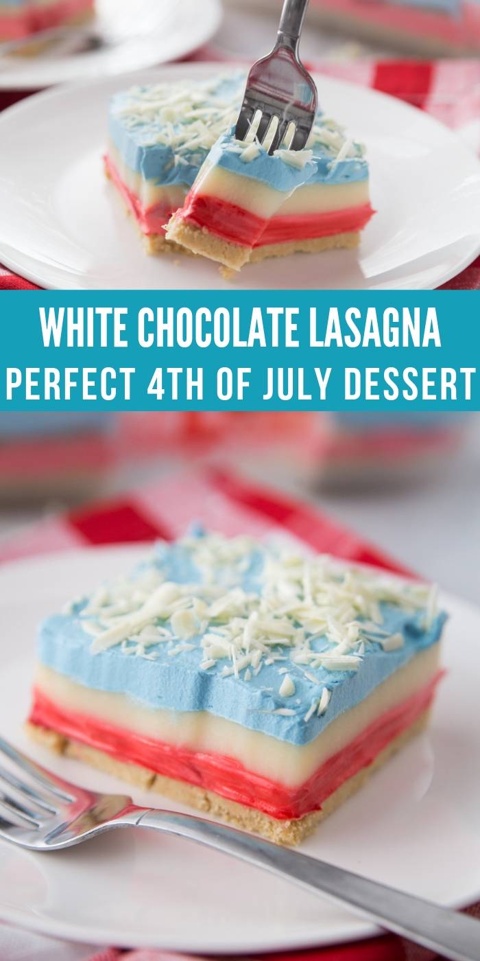No Bake 4th of July white chocolate lasagna is a tasty patriotic dessert recipe. Golden Oreo crust, and layers of creamy goodness. #Oreo #golden #layers #dessertlasagna #nobake #easy #dessert #4thofJuly #summerdessert white chocolate lasagna