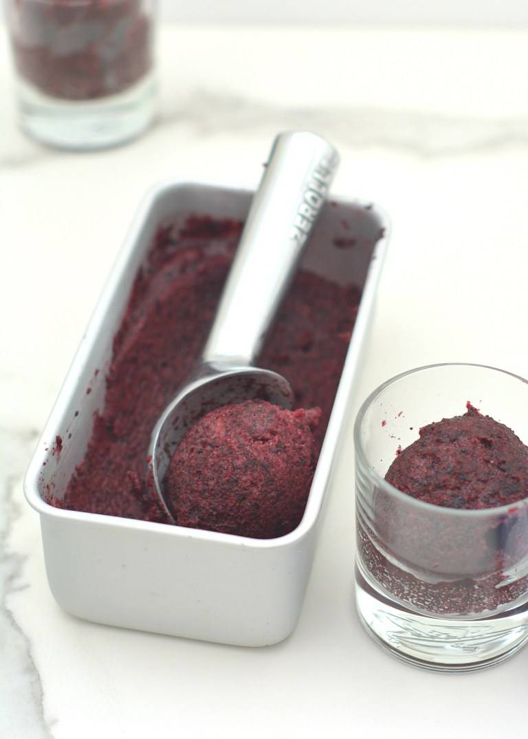 blueberry no churn sorbet in a pan 