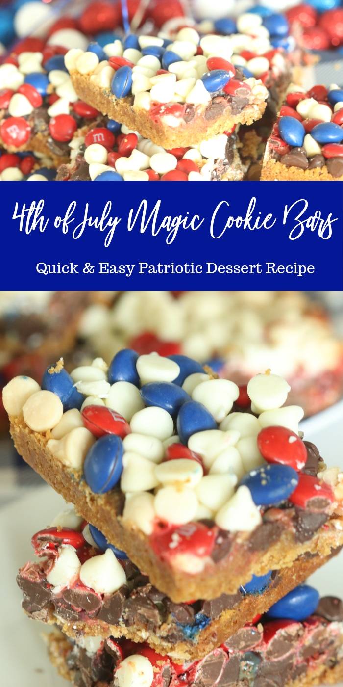 4th of July Magic Cookie Bars are one simple patriotic dessert. Layers of ingredients bake up into chewy and sweet cookie bars. #patriotic #4thofJuly #dessert #magicbars #cookiebars #easydessert #summerdessert 4th of July Magic Cookie Bars