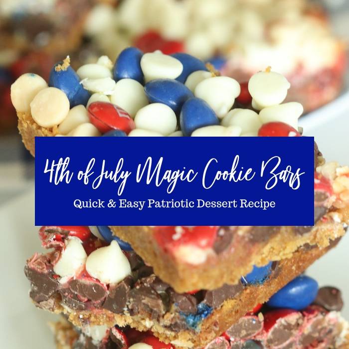4th of July Magic Cookie Bars are one simple patriotic dessert. Layers of ingredients bake up into chewy and sweet cookie bars. #patriotic #4thofJuly #dessert #magicbars #cookiebars #easydessert #summerdessert Magic Cookie Bars
