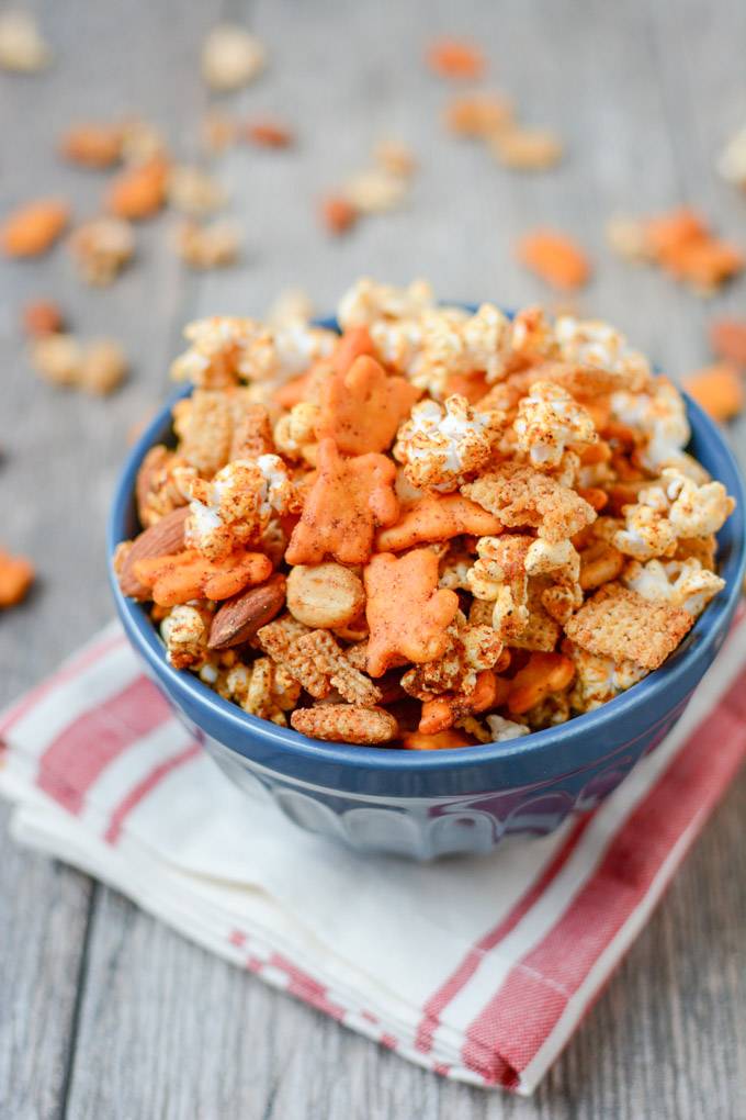 popcorn snack mix in a bowl