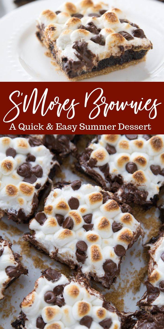 S'mores brownies are so simple to make. Graham cracker crust topped with brownie, and then finished off with toasted marshmallows and chocolate chips. #brownies #smores #chocolate #marshmallow #grahamcracker #easy #summer #dessert #recipe S'Mores Brownies pin image