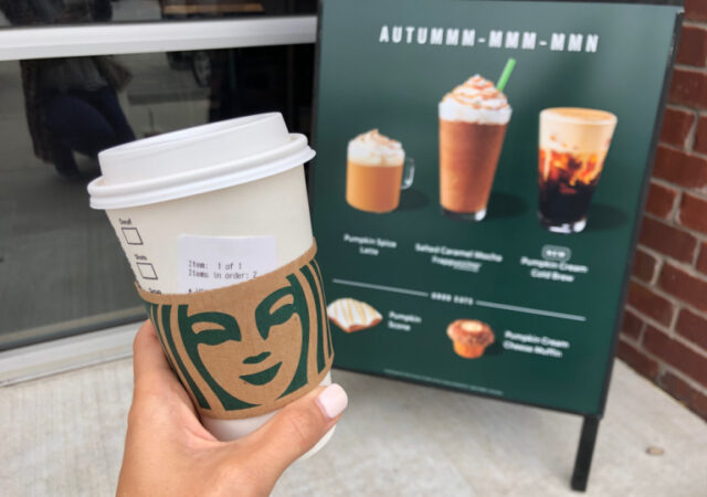 Starbucks Coupon Codes - Pumpkin Spice Latte and sign of fall drinks at Starbucks