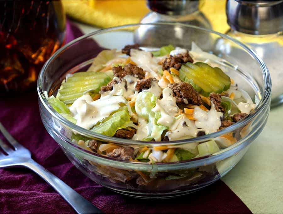 keto big mac salad in a bowl 