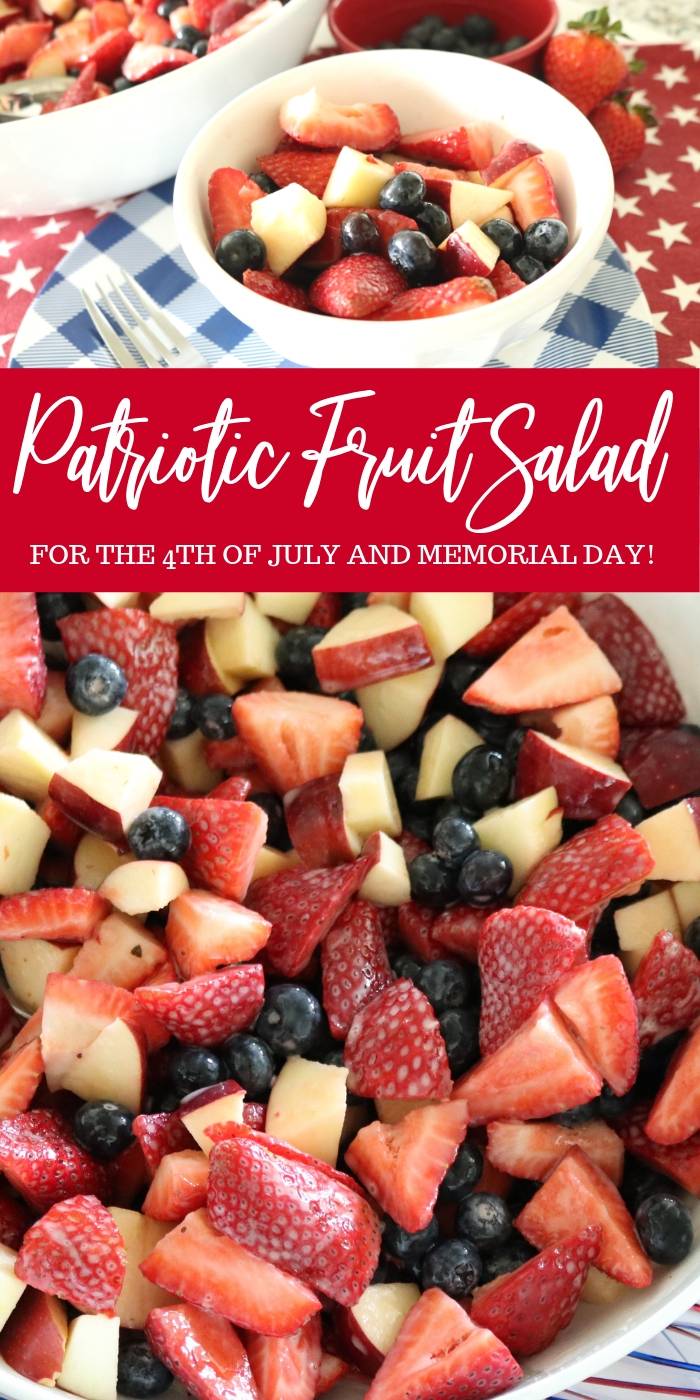 A quick and easy patriotic fruit salad this is great for Memorial Day or the 4th of July. Toss this salad together in minutes for a sweet treat. #salad #fruit #fruitsalad #patriotic #redwhiteblue #summer #cookout patriotic fruit salad in a bowl