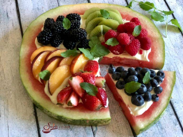 watermelon pizza with slice cut out 