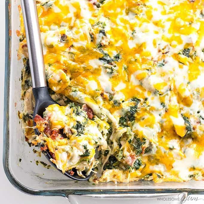 low carb chicken casserole with a spoon in pan