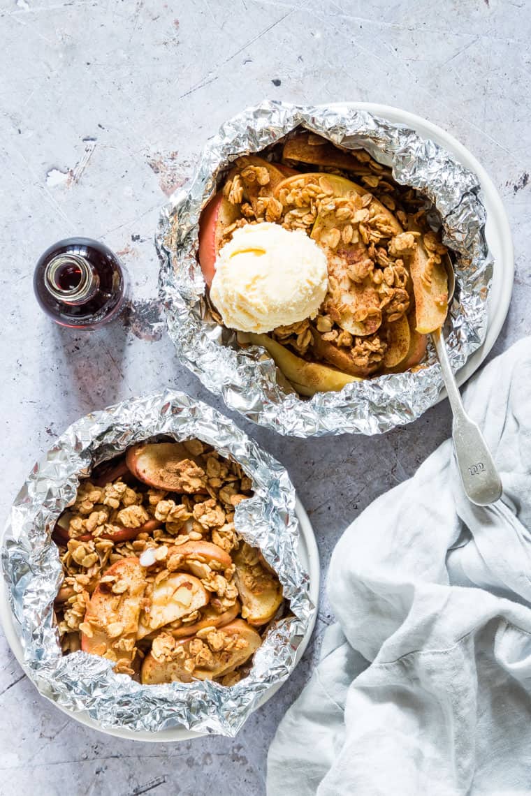 apple crisp cooked on grill in foil packet