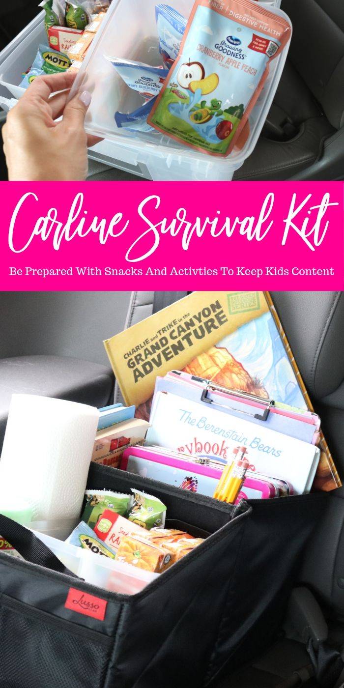 Check out my carline survival kit to help you and your child have a peaceful time after school and activities each day. Set yourself up for success. #carline #backtoschool #survivalkit #carsnacks #caractivities #schooltips carline survival kit