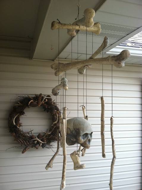 bone mobile hanging from porch 