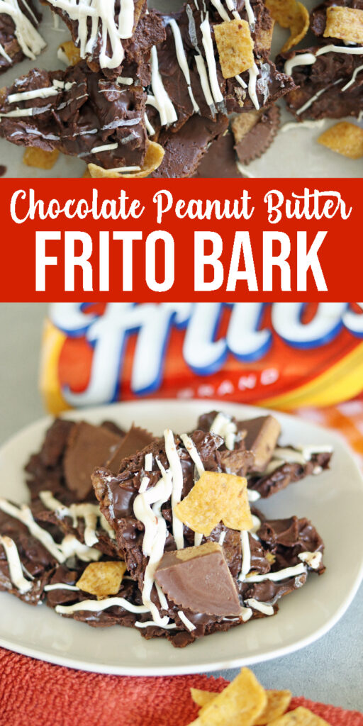 Frito Chocolate Peanut Butter Bark is one of my favorite no-bake dessert recipes. A chocolate bark that offers a sweet and salty aspect. #chocolate #peanutbutter #frito #nobake #dessert #holiday #partyfood #bark Frito Chocolate Peanut Butter Bark Recipe