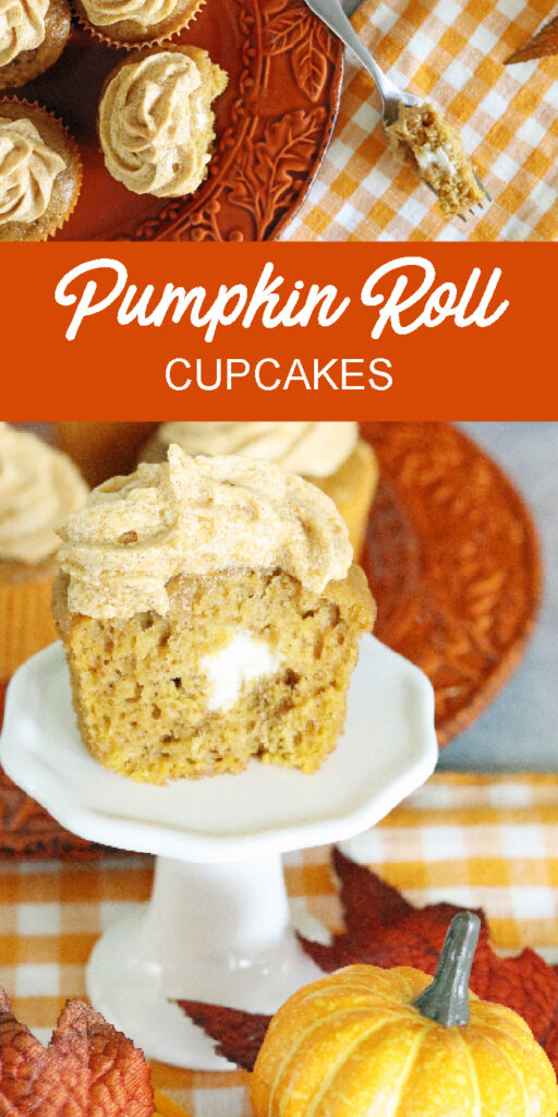 Pumpkin roll cupcakes are a must make for fall. Light and tender pumpkin cupcake with a cream cheese filling and topped with pumpkin spice frosting. pumpkin spice pumpkin roll cupcakes