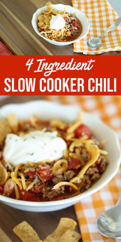 This 4 Ingredient White Bean Chili is so easy to make. Slow cooker white bean chili is fast to prep and savory for all your family to enjoy. #soup #chili #4ingedient #whitebean #groundbeef #recipe #dinner #easy #affordable #slowcooker #crockpot white bean chili