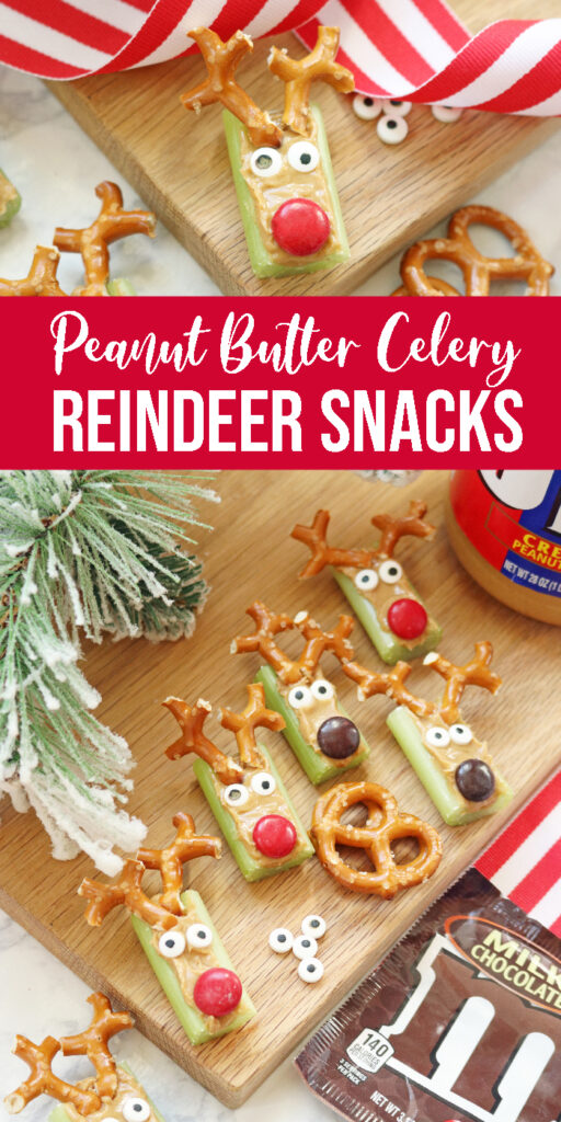 Here are some fun reindeer peanut butter celery sticks you can make as a kid snack. Celery sticks with peanut butter with a fun Christmas twist. #kidfriendly #snack #reindeer #easy #quick #holiday #recipe