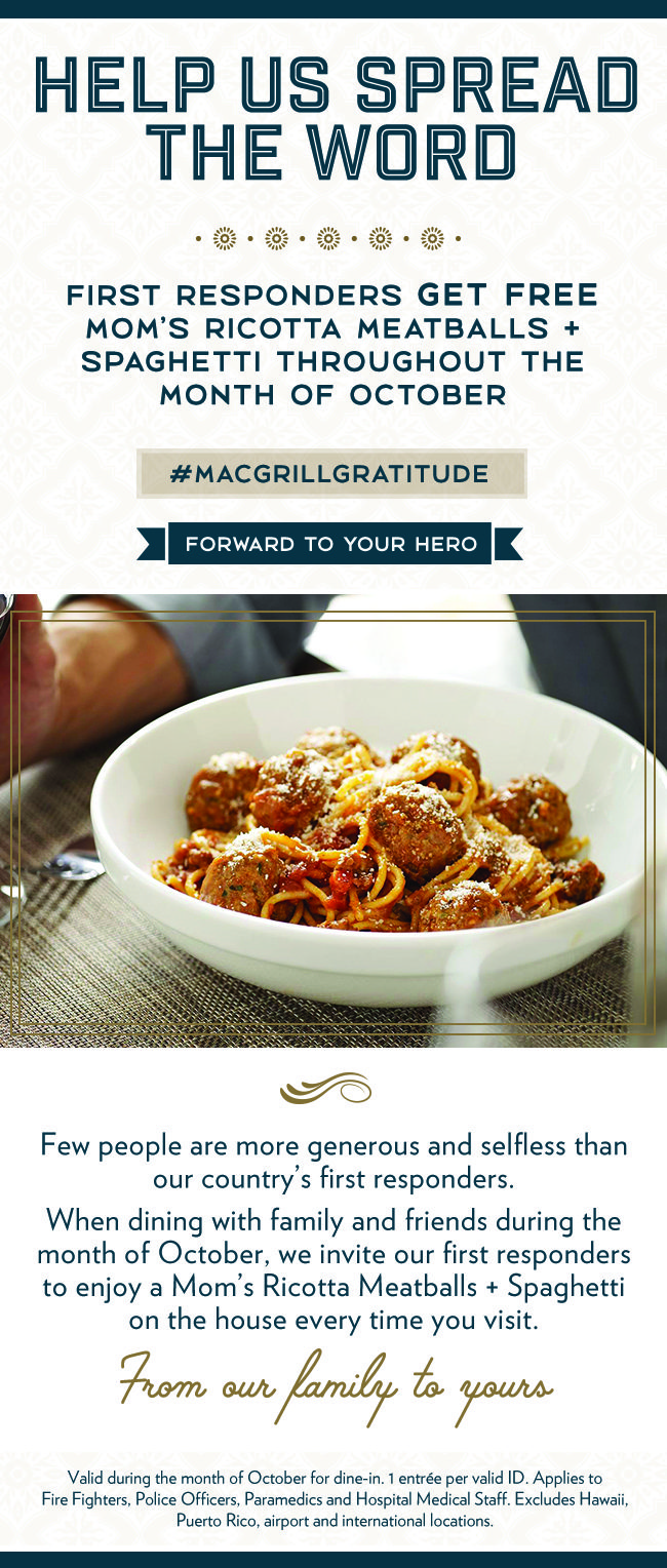 FREE Pasta for First Responders at Macaroni Grill !!!
